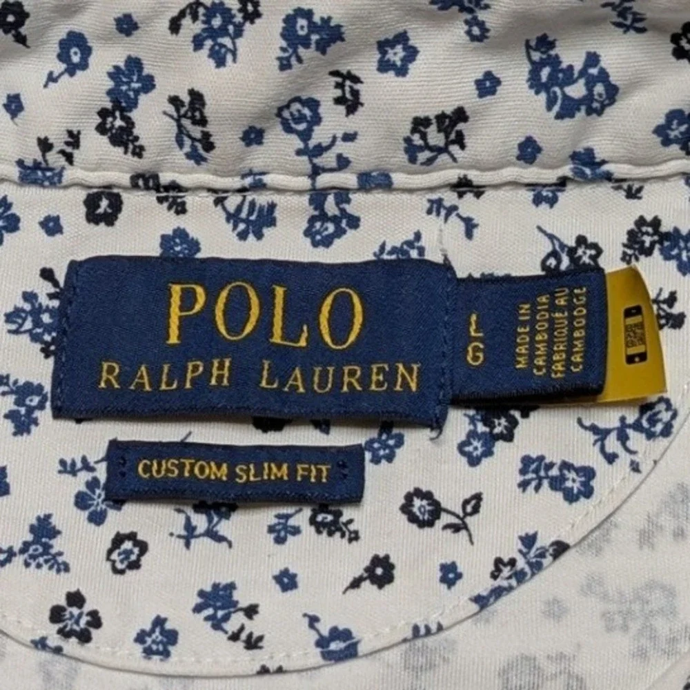Polo Ralph Lauren Floral Polo Shirt Men's L White Blue Custom Slim Fit Cotton